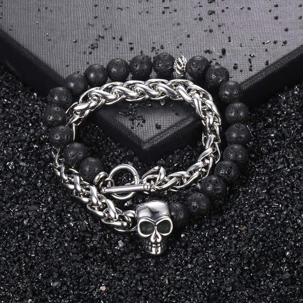 Stylish 8mm Lava Beads Men's Bracelet with Stainless Steel Wheat Link