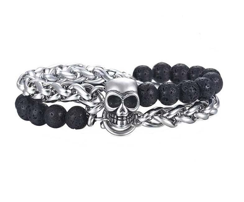 Stylish 8mm Lava Beads Men's Bracelet with Stainless Steel Wheat Link