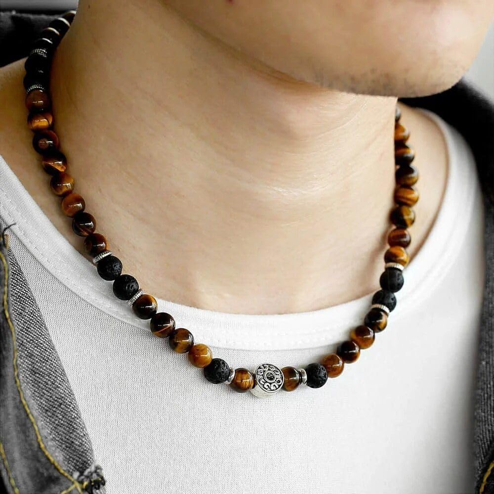Men's Tiger Eye & Lava Stone Beaded Choker