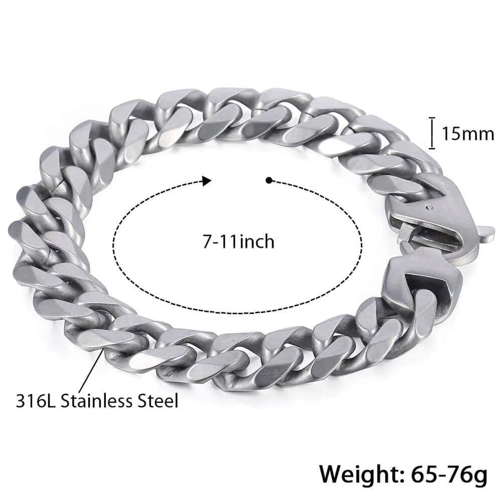 stylish matte silver 15mm stainless steel cuban link bracelet for men