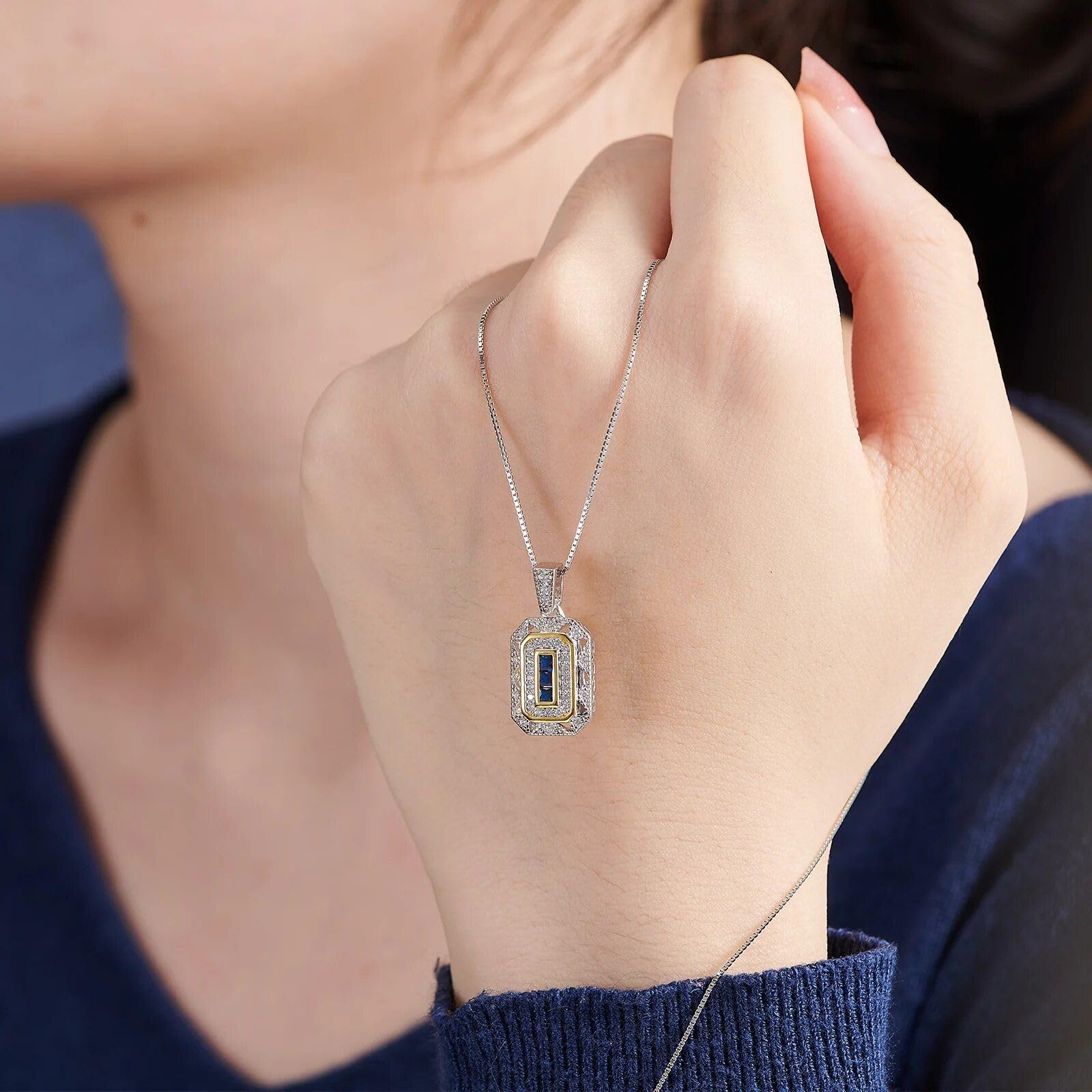 Elegant Vintage 925 Sterling Silver Blue Spinel and Cubic Zirconia Pendant Necklace with 18-Inch Chain